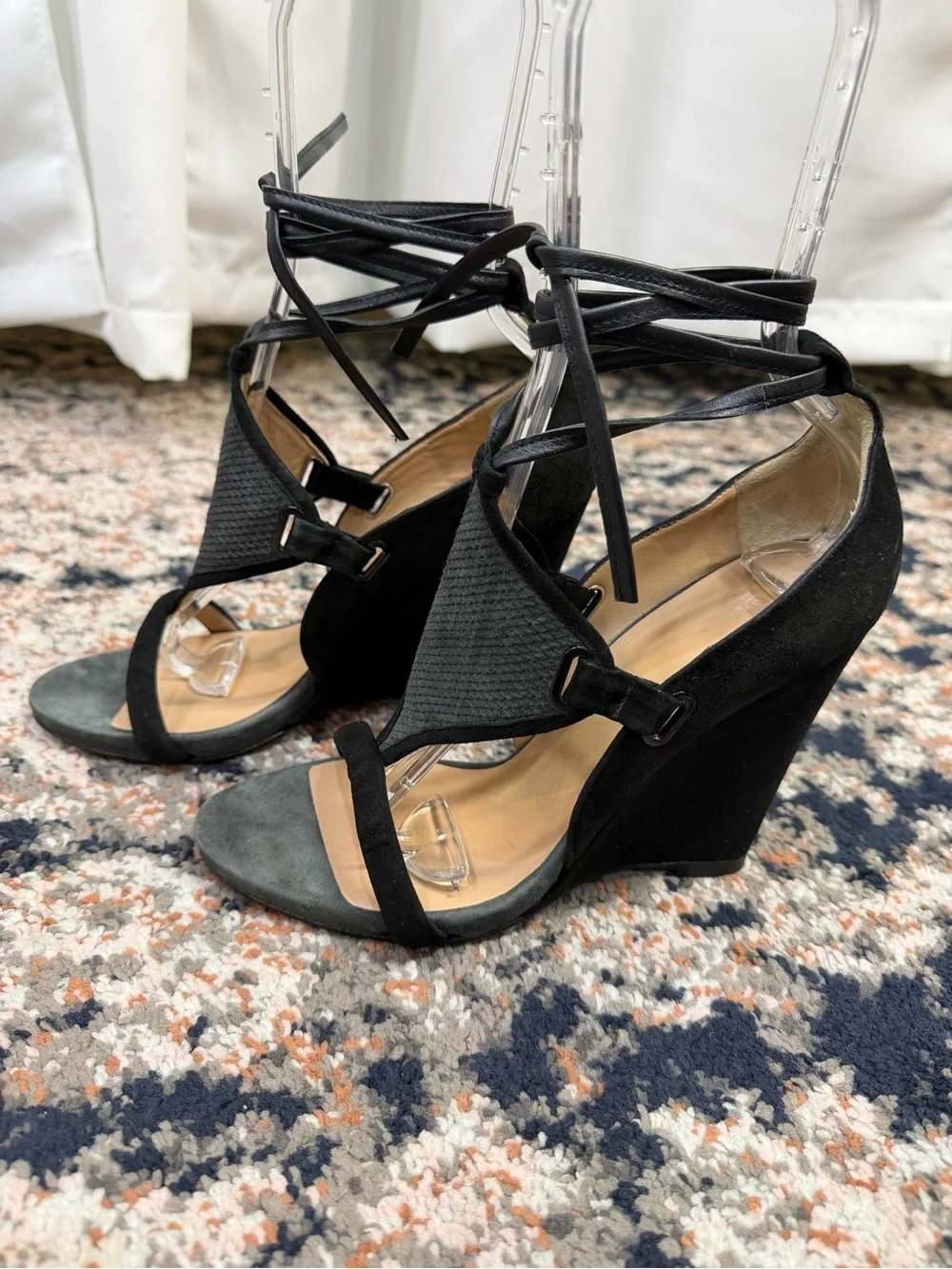 Hoss Intropia Black Suede Leather Lace-Up Wedge Sandals Heels Size 8